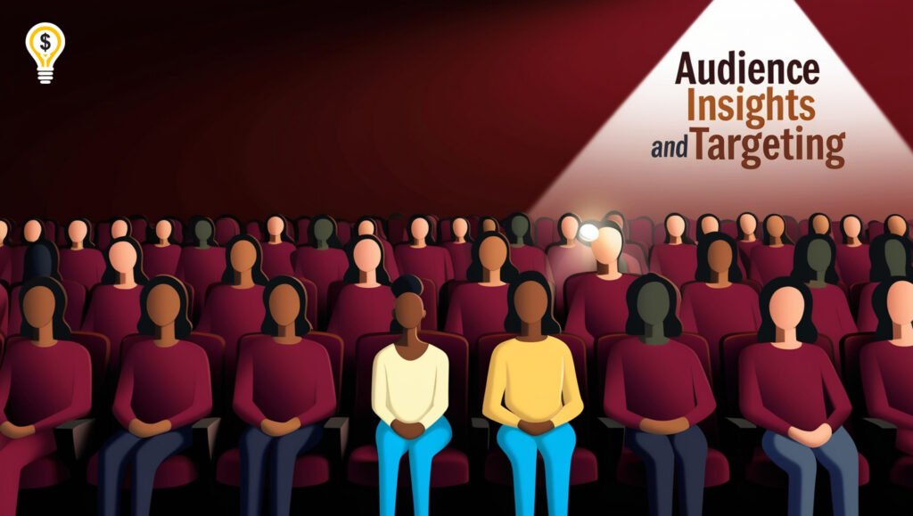 Illustration of audience targeting with a spotlight on a selected individual among seated figures