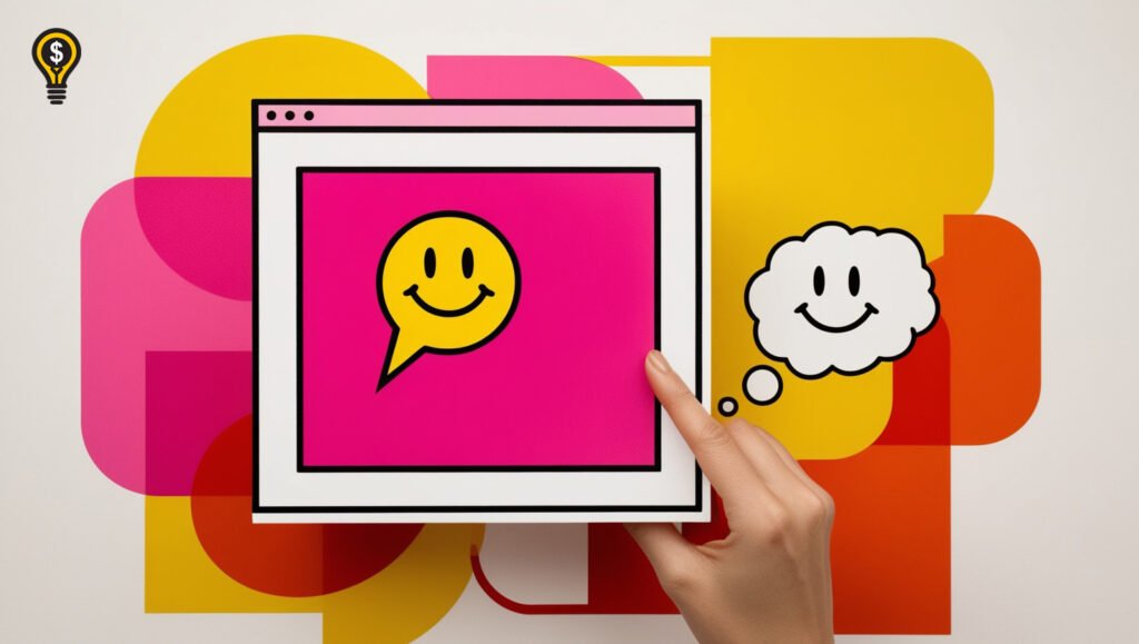 Illustration of a hand holding a web browser window with a smiley face, symbolizing authenticity in digital marketing