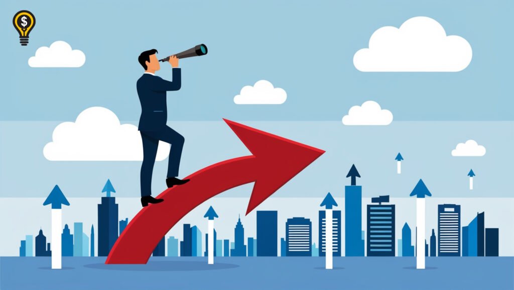 Businessman on an upward arrow using a telescope, symbolizing career growth