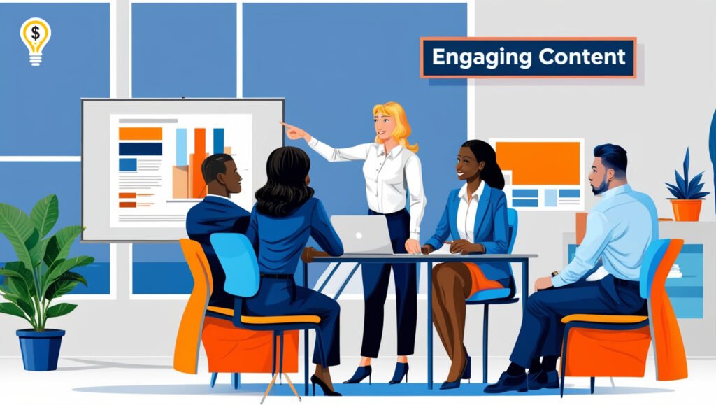 Illustration of a team brainstorming engaging content strategies in a modern office
