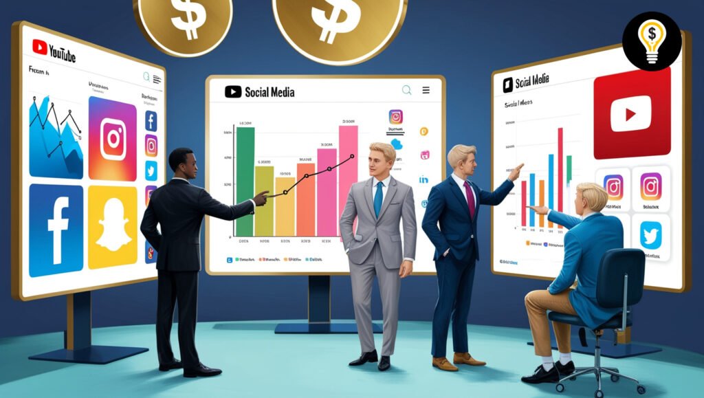 Illustration of marketers planning custom social media strategies with charts and social media icons
