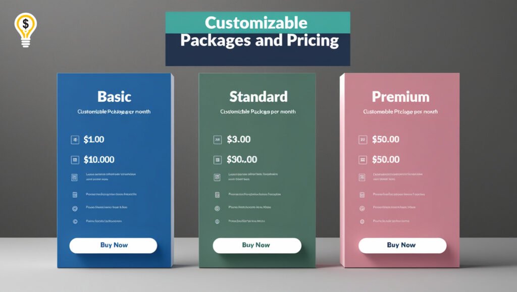 Pricing table with three packages: Basic, Standard, and Premium, each with unique features and colors