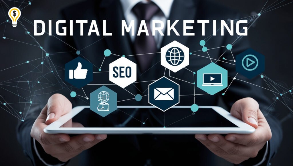 Hands holding a tablet with digital marketing icons