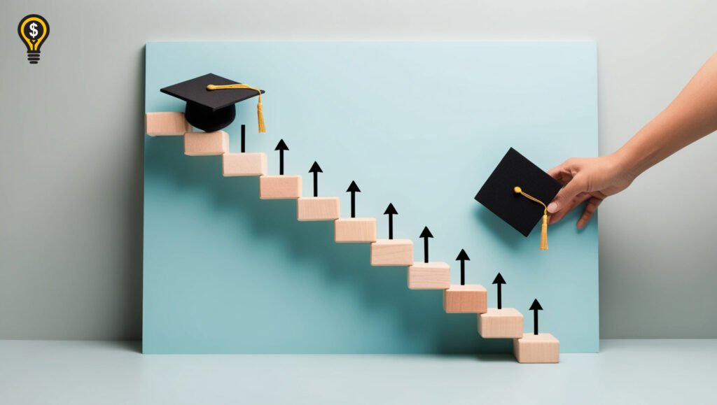 Wooden blocks arranged as a staircase with a graduation cap on top, symbolizing educational growth