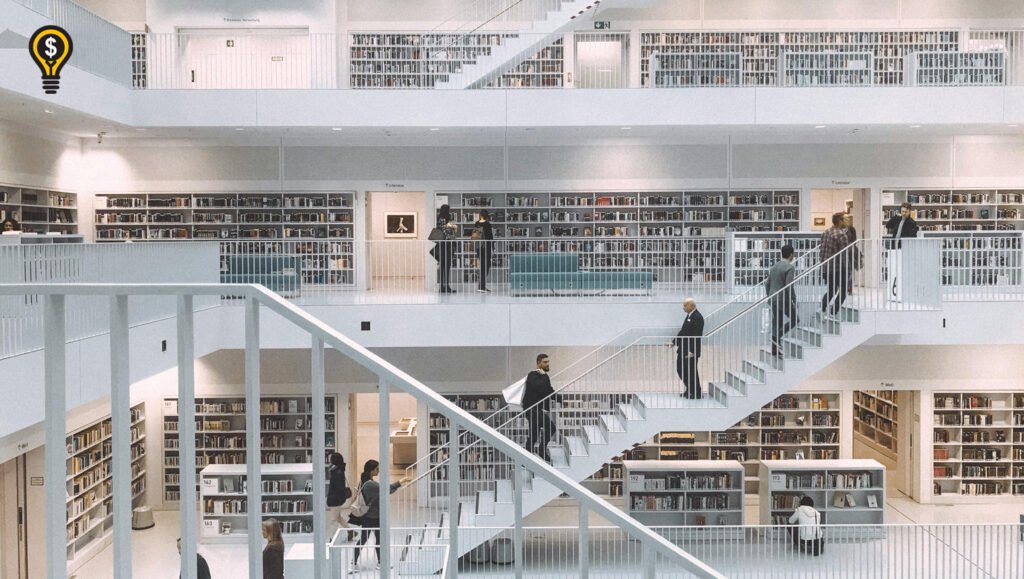 A multi-level library filled with books, symbolizing an evergreen content strategy