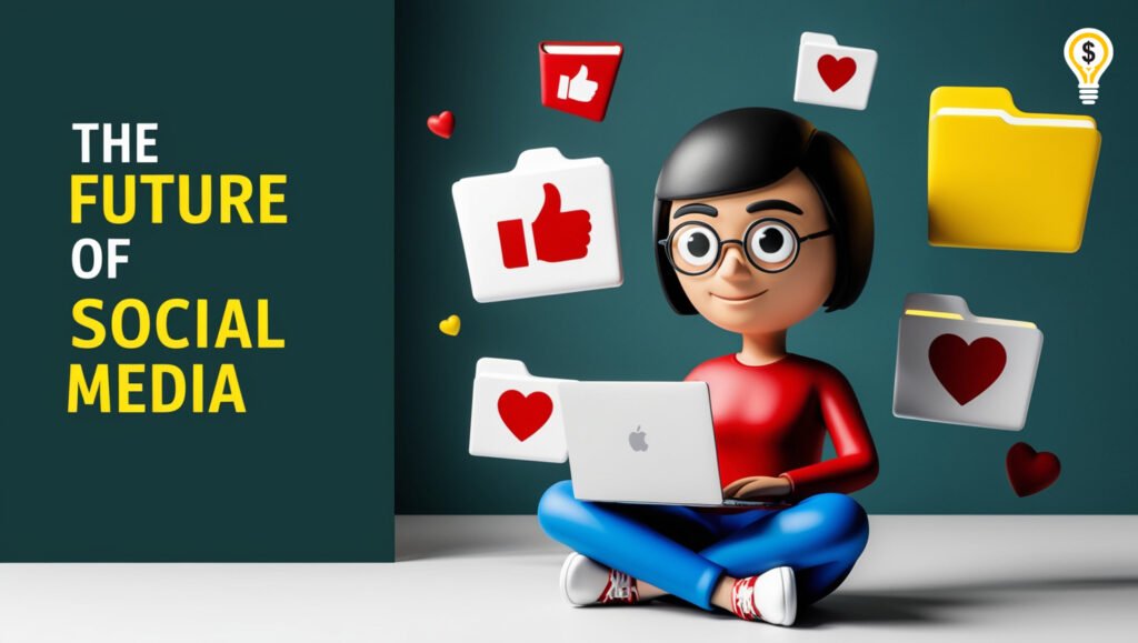 Modern illustration of a character using a laptop, with floating social media icons and bold yellow text reading 'The Future of Social Media.