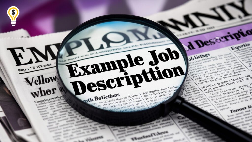 Magnifying glass highlighting 'Example Job Description' in a newspaper