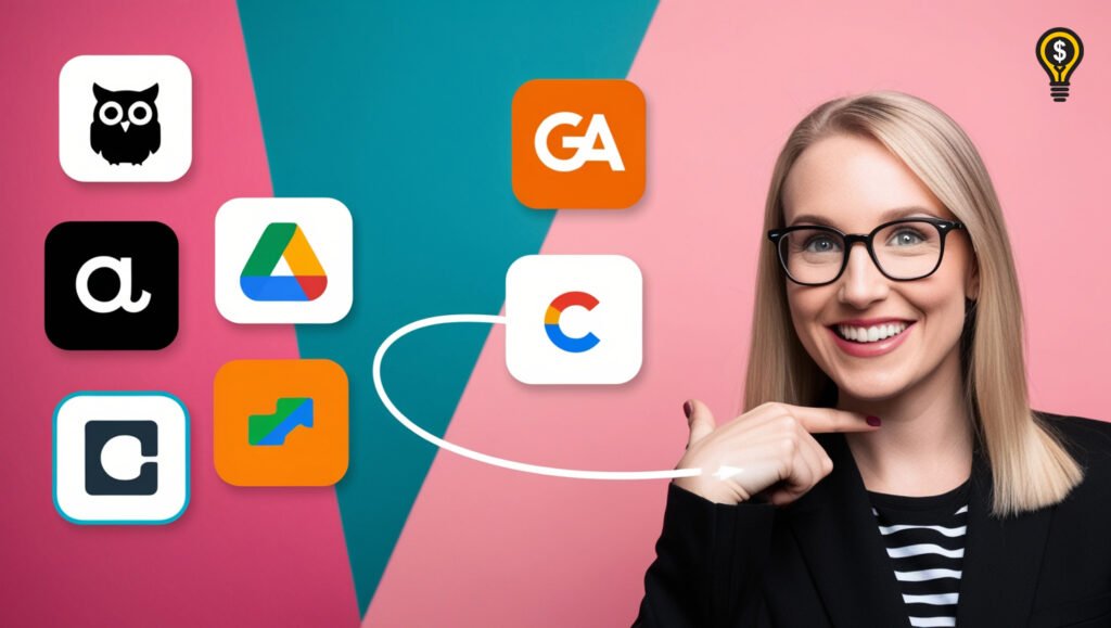 Woman in glasses and blazer pointing at floating digital marketing tool icons