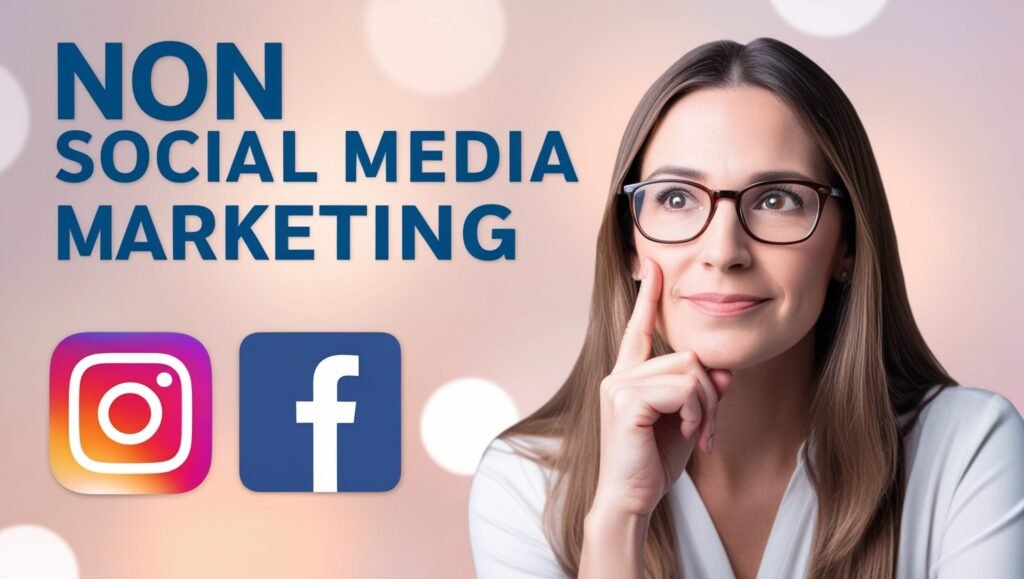 Marketing concept image with a woman contemplating strategies, crossed-out social media logos, and a soft bokeh background