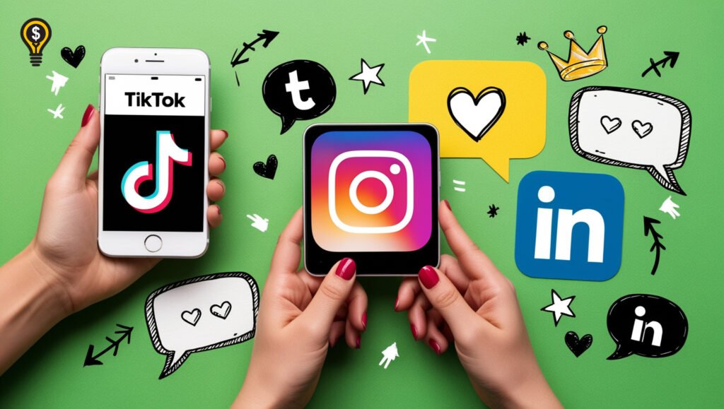 Digital illustration showcasing TikTok, Instagram, and LinkedIn logos with social interaction icons