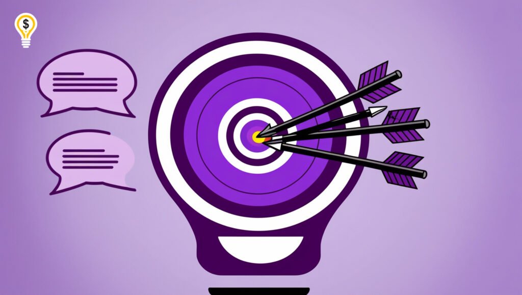 Illustration of a light bulb with a target and arrows, symbolizing social media strategy