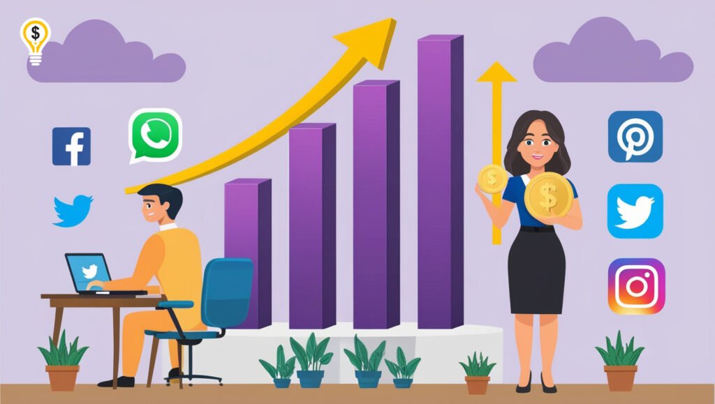 Illustration of marketers analyzing social media success with growth charts and platform icons