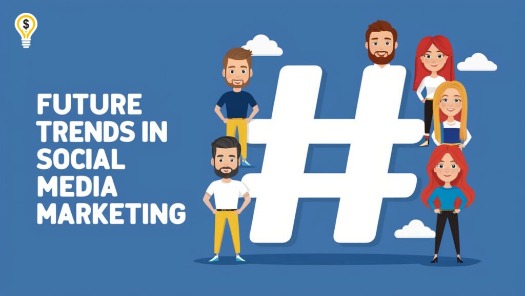 Modern graphic showing a large hashtag with characters interacting, symbolizing future trends in social media marketing