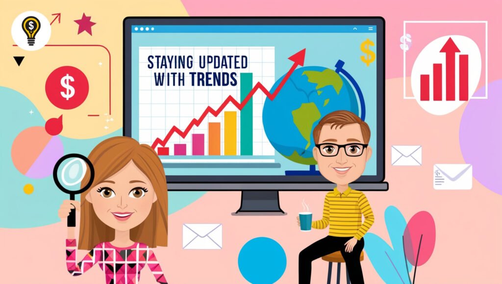 Illustration of two people analyzing digital and financial trends with graphs and icons