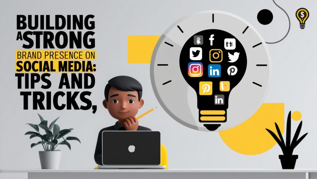 Illustration of a man planning social media branding with a laptop and social media icons in a lightbulb