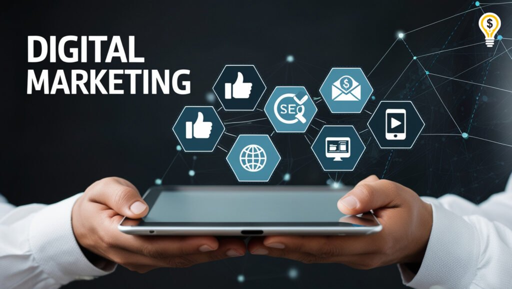 Hands holding a tablet with digital marketing icons and a dark tech-themed background