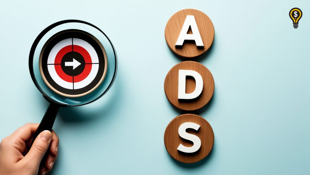 Magnifying glass focusing on a red target with an arrow, symbolizing precise advertising