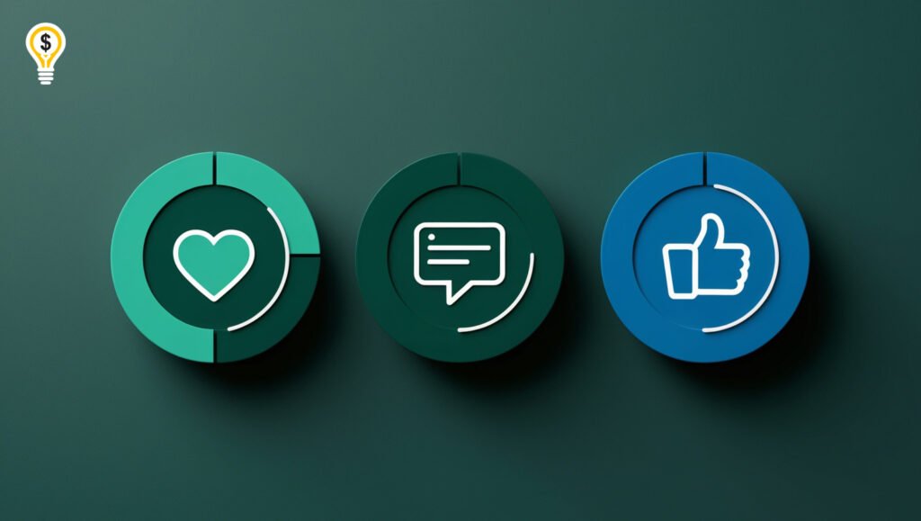 Digital illustration of social media metrics with circular progress indicators for likes, comments, and engagement
