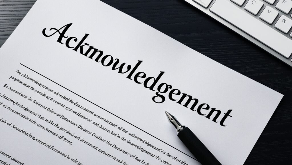 Close-up of acknowledgment document on desk with pen.