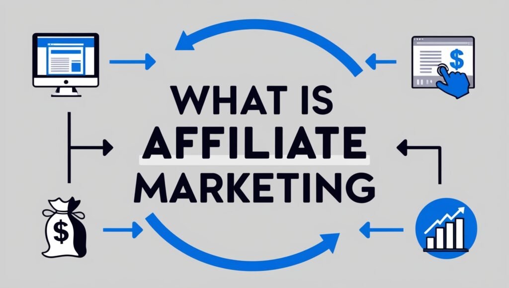 Infographic showing affiliate marketing process with icons and arrows.
