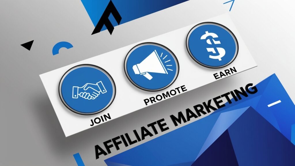 Infographic showing steps in affiliate marketing: join, promote, earn, with icons and bold text on a blue and white layout.