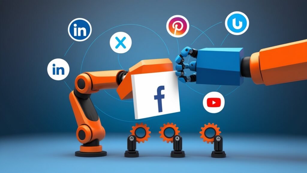 Illustration of a robotic arm managing social media icons like Facebook, TikTok, and Instagram on a blue background.