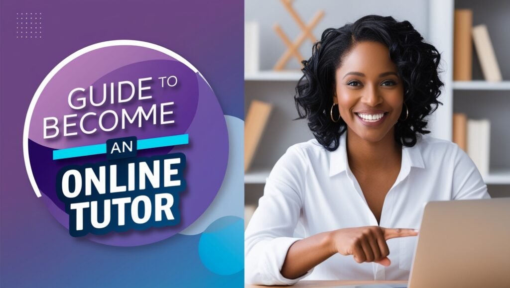 Online tutoring guide with smiling woman pointing at whiteboard and using laptop.