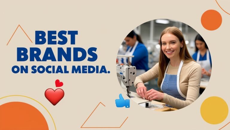 Woman sewing in factory with 'Best Brands on Social Media' graphic design.