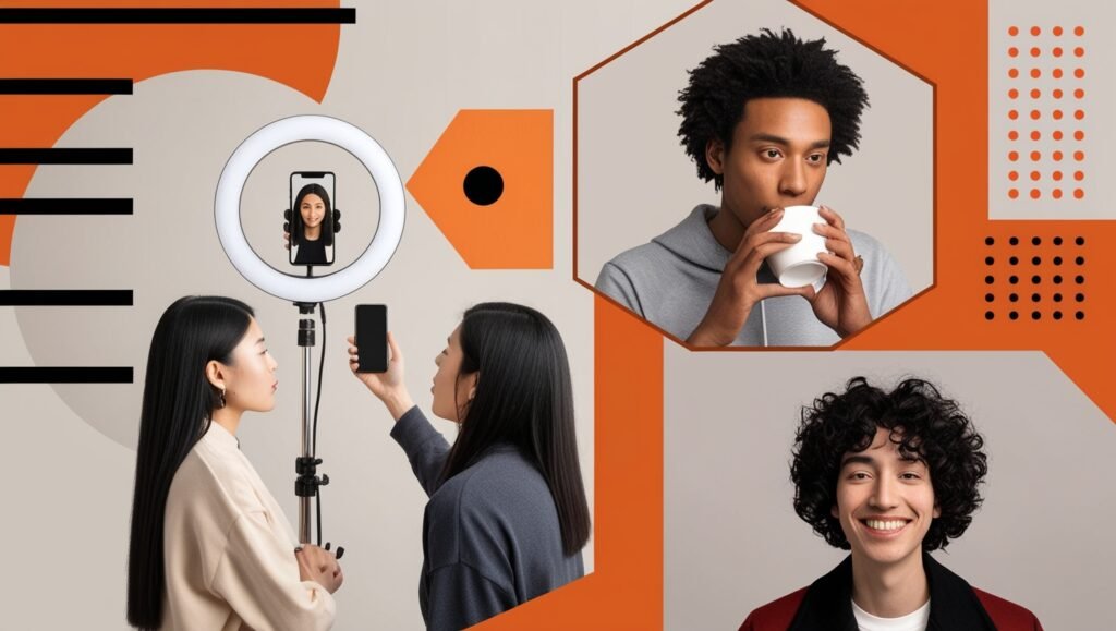 Stylized collage of diverse creators using smartphones and ring light, symbolizing blogging and content creation