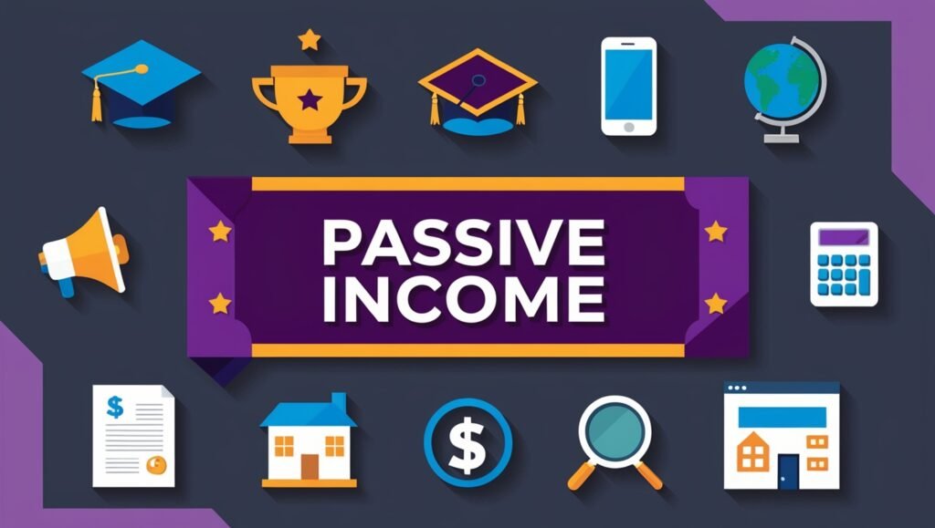 Flat illustration with icons for passive income, finance, and education.