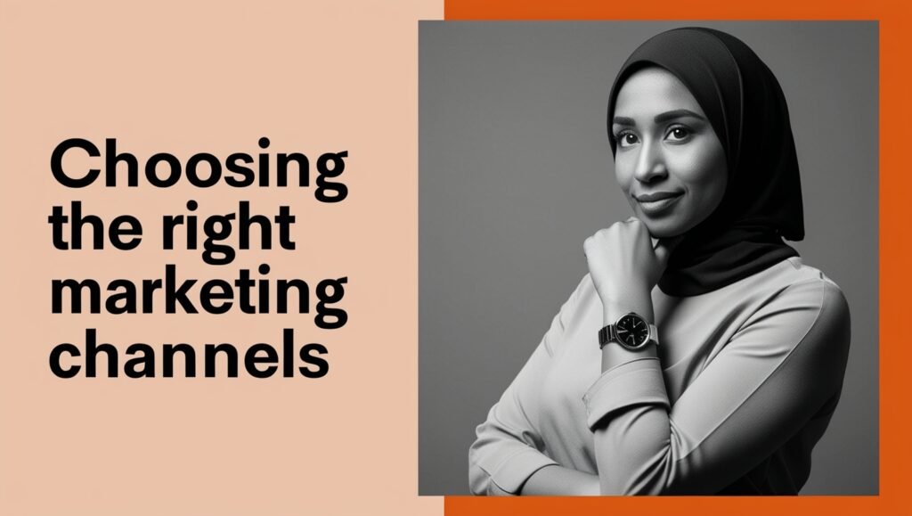 Woman in hijab thinking beside text about choosing marketing channels.
