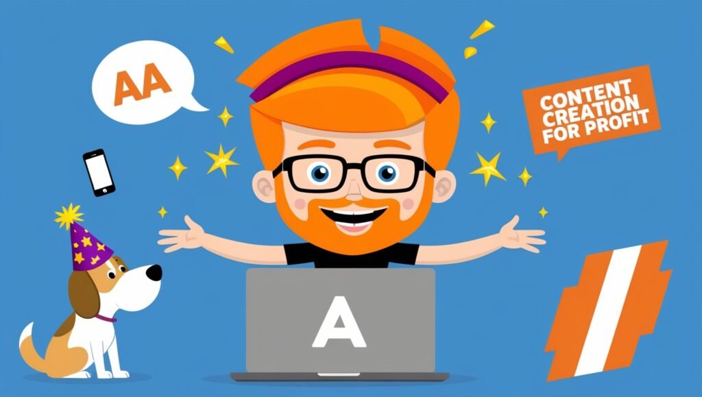Cartoon creator with laptop and icons under 'Content Creation for Profit' headline.