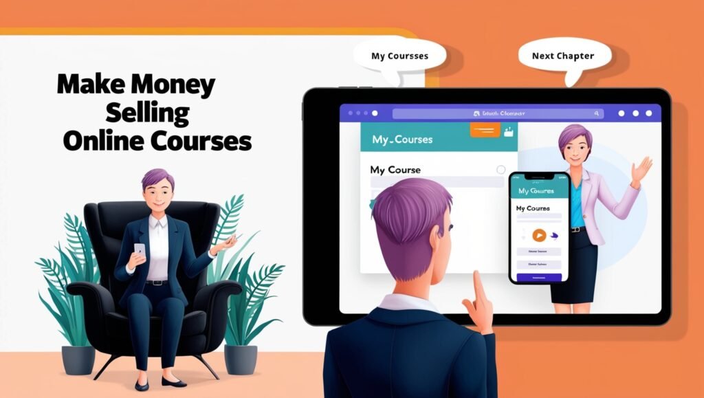 Digital illustration of two characters interacting via smartphone about selling online courses.