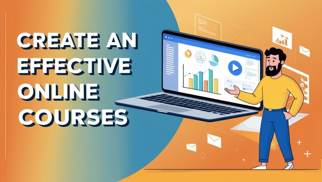 Illustration of man presenting online course content on a laptop with educational icons.