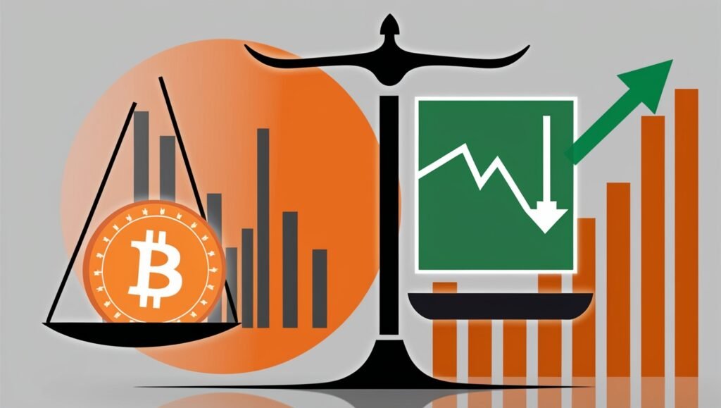Illustration of balance scale with Bitcoin and stock market growth icon.