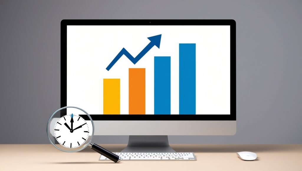 Illustration of monitor with bar chart, arrow, and clock in magnifying glass.