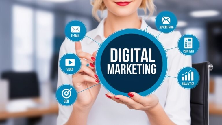 Digital marketing media network with icons for content, video, and social media.