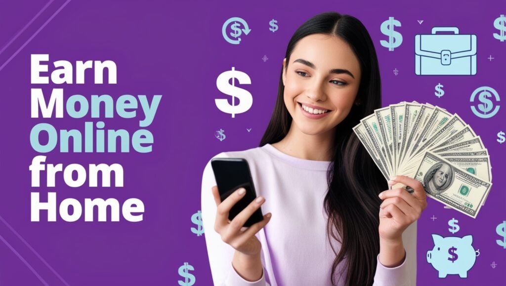 Woman holding dollar bills and smartphone with text 'Earn Money Online From Home' on purple background.