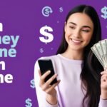 Woman holding dollar bills and smartphone with text 'Earn Money Online From Home' on purple background.