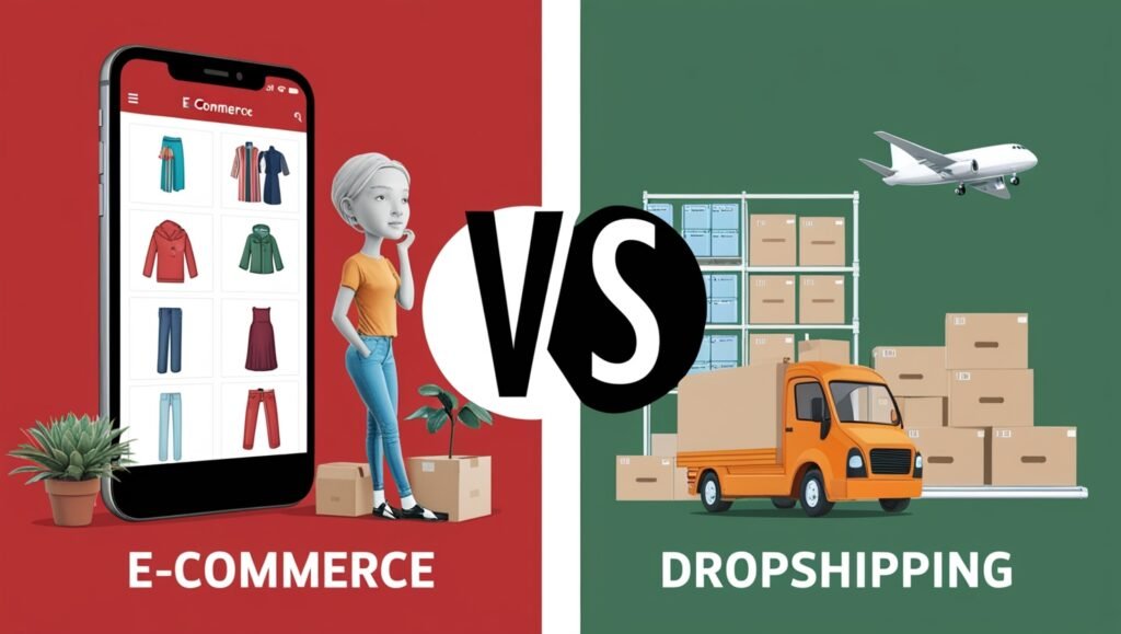 E-commerce vs dropshipping illustration with product catalog and delivery elements.