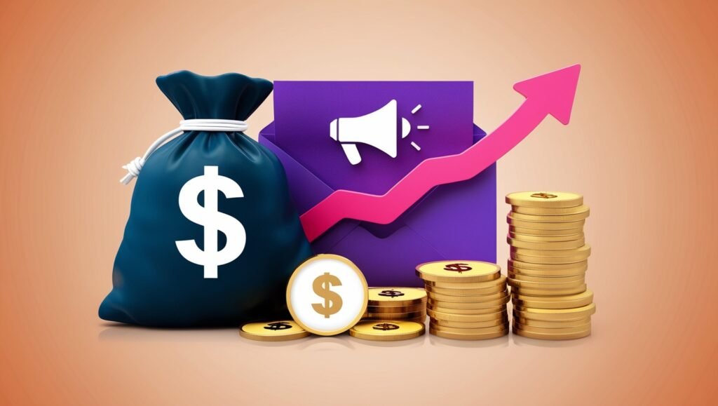 Email marketing concept with financial icons and upward trend arrow.