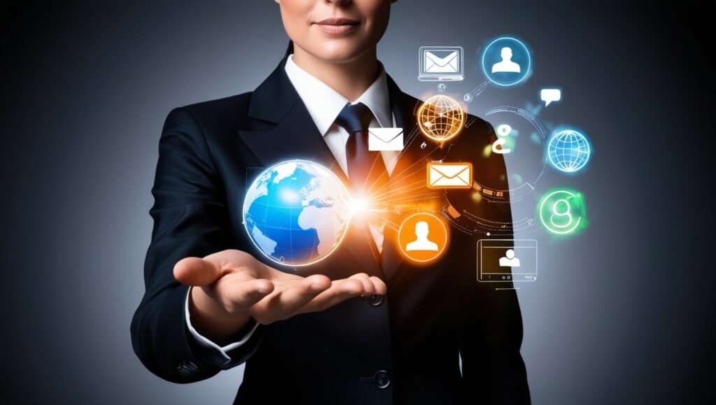 Businessperson’s hand with floating digital icons symbolizing modern technology.