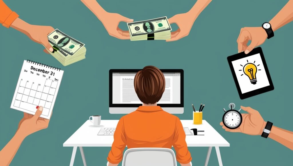 Person at desk with hands offering money, tablet, calendar, and stopwatch.