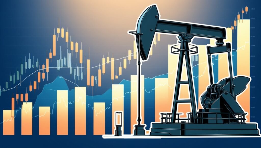 Illustration of an oil pump jack with financial charts in the background.