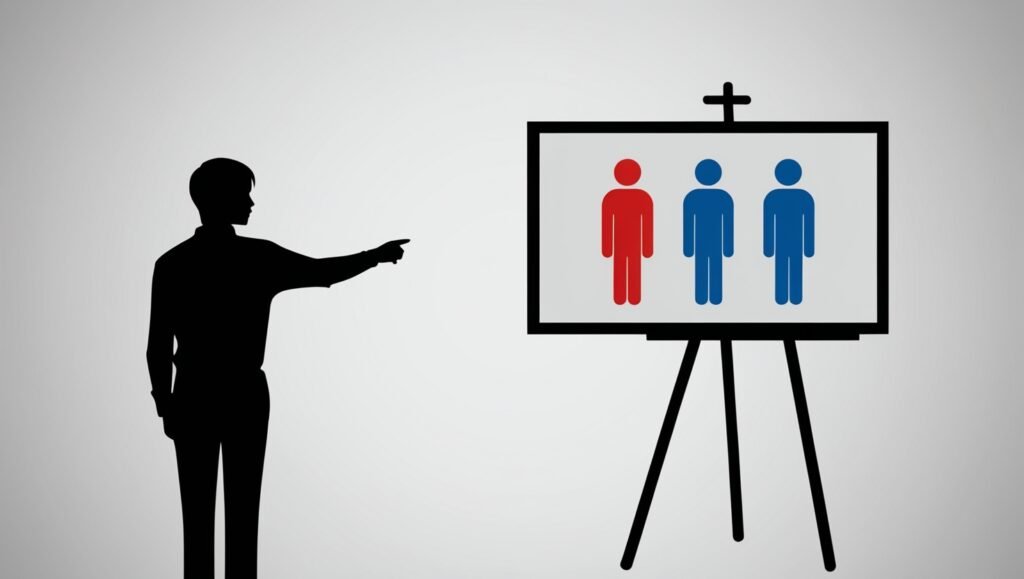 Flat illustration of person pointing at board with three human icons, symbolizing summary or key points.