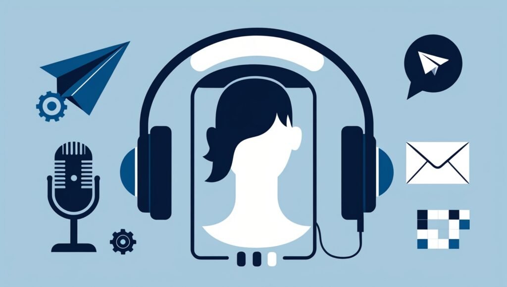 Podcast launch graphic with blue headphones, play button, and communication icons.