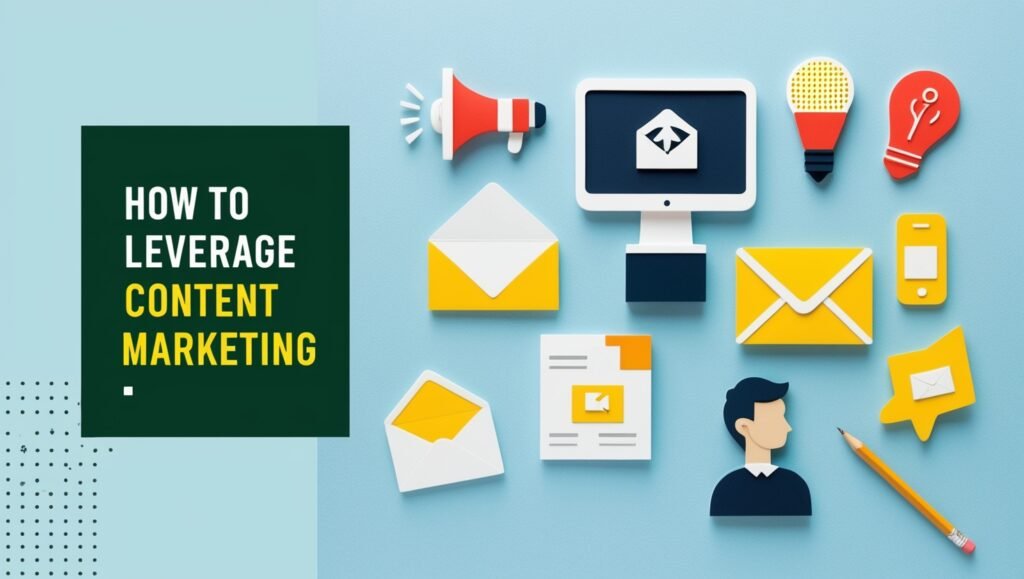 Flat illustration of marketing icons with text on leveraging content marketing.