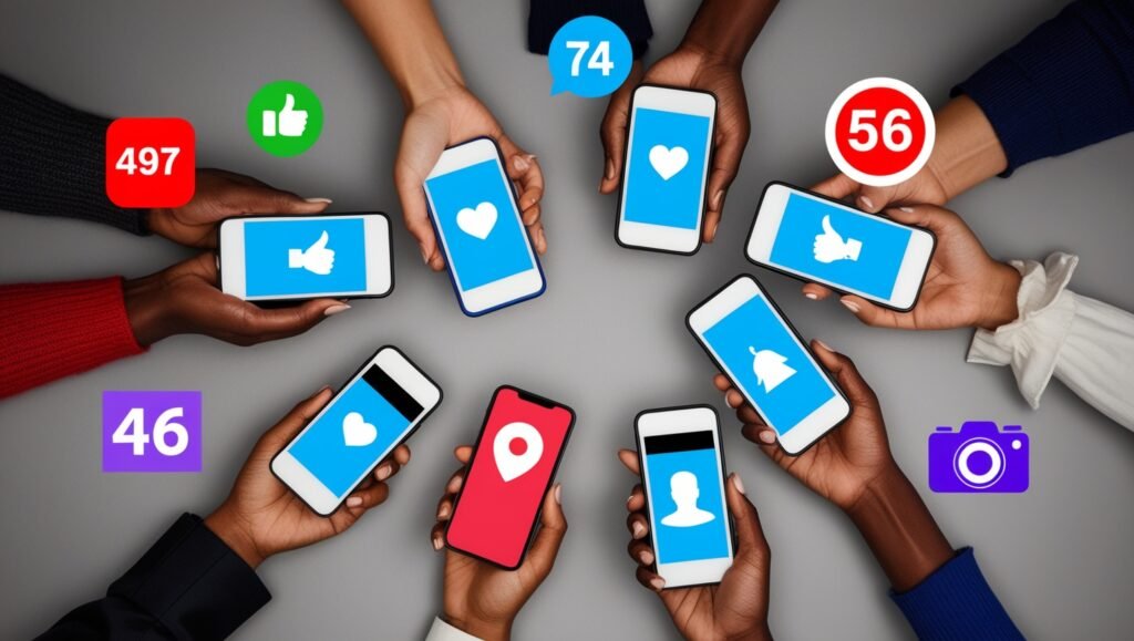 Top-down view of diverse hands holding smartphones with social media icons.