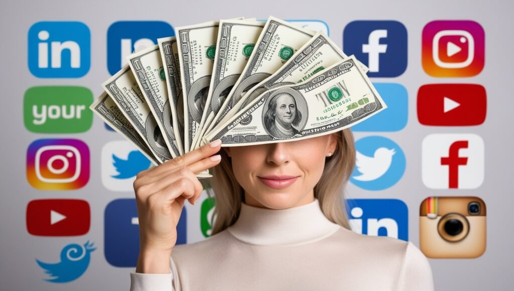 Woman holding dollar bills in front of face with colorful social media logos in background, highlighting online income theme.