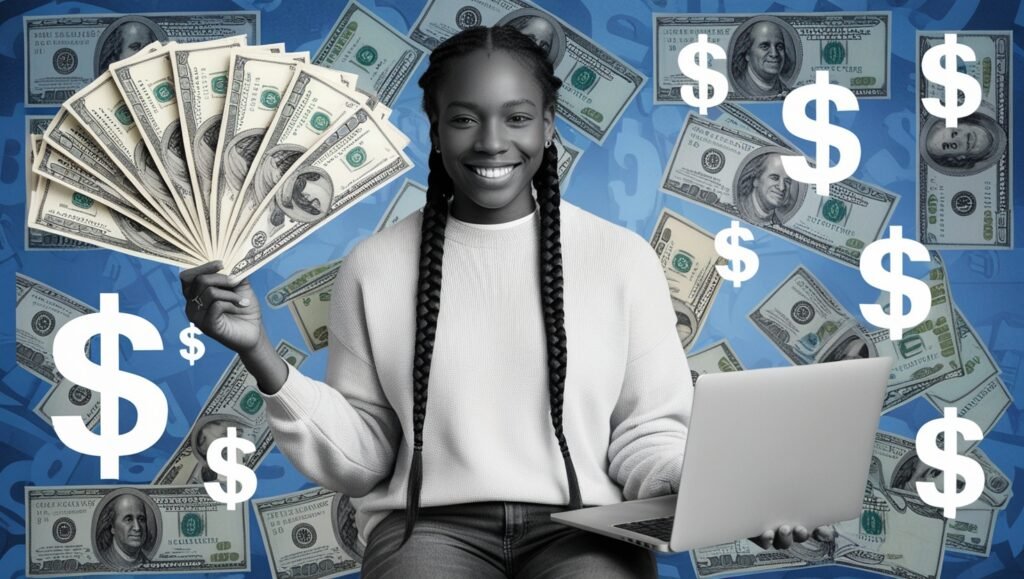 Collage of person holding money and laptop with dollar signs in background.